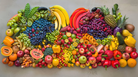 Fruits and vegetables in the shape of a heart on a gray backgroundの素材