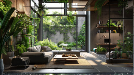 Interior of modern living room with green plants. 3D renderingの素材