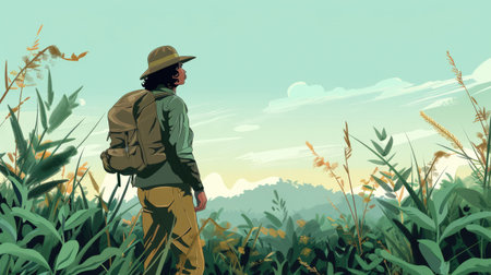 Vector illustration of a young man with a backpack standing in a field.の素材