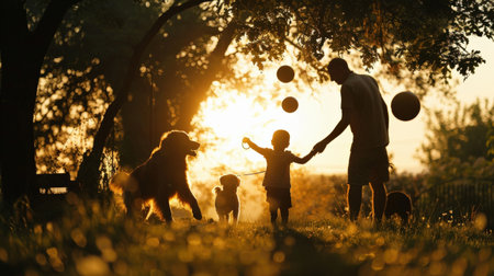 Father playing with his children and dog in the garden at sunset.の素材