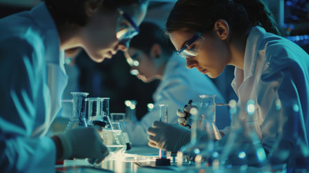 Science students working in laboratory. Young female scientist using microscope and glassware while doing research in lab.の素材