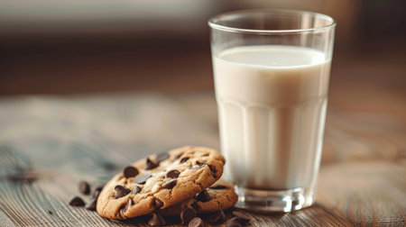 Glass of milk with chocolate chip cookies on wooden table, selective focusの素材
