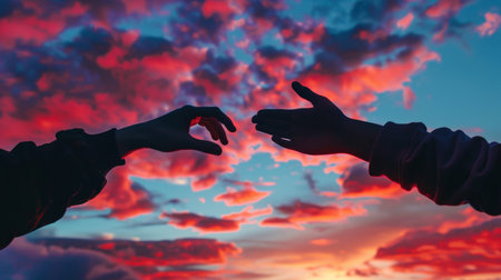 Silhouettes of hands making heart shape with sunset sky background.の素材