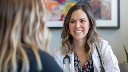 Portrait of a smiling female doctor talking to a patient in her officeの素材