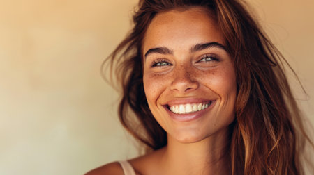 Close up portrait of a beautiful young woman smiling and looking at cameraの素材
