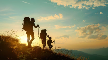 silhouette of family with backpack hiking on mountain peak at sunsetの素材