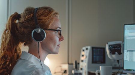 Portrait of a red-haired female doctor wearing a headset while working in the officeの素材