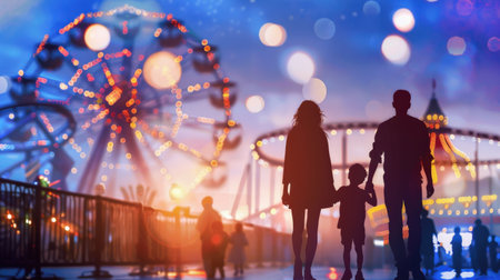 Silhouette of family on the background of amusement park and ferris wheelの素材