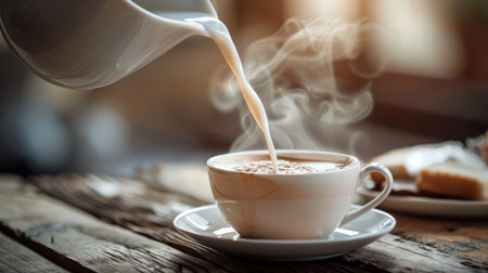 Pouring milk into cup of coffee on wooden table, stock photoの素材