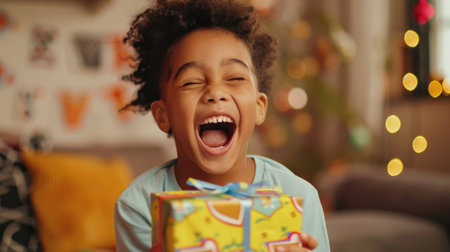 Laughing african american little boy opening a gift boxの素材