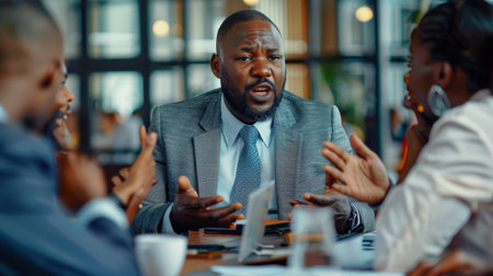 Angry african american businessman screaming at colleagues during meeting in officeの素材