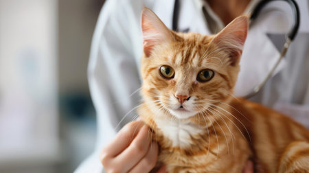 Veterinarian examining red cat in clinic, closeup. Animal careの素材