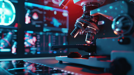 Microscope in laboratory. Medical research and development concept. 3D Renderingの素材