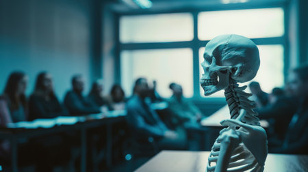 Human skeleton in classroom with people in background. Toned image.の素材