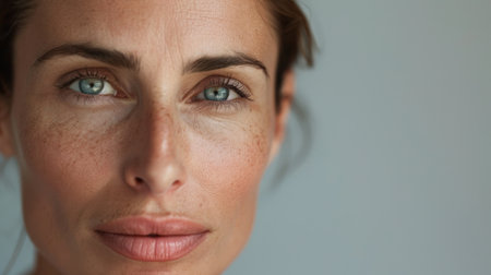 Close up of beautiful young woman with freckles looking at cameraの素材