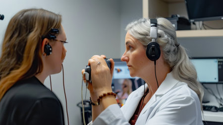 Doctor in a white coat talking to a patient through a headset.の素材
