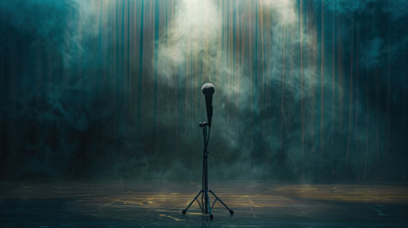3d render of microphone on stage background with smoke and spotlightsの素材