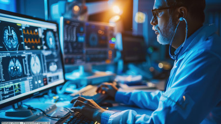 Engineer working in the computer room at night. Concept of modern technology and engineering.の素材