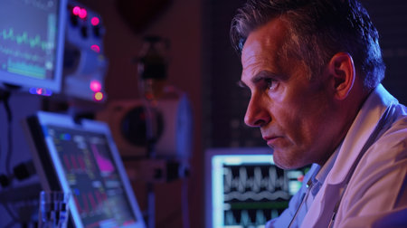 Portrait of mature male scientist working on computer in laboratory at nightの素材