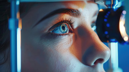 Close-up of the eye of a young woman in a virtual reality headsetの素材