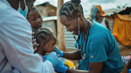African nurse with stethoscope examining a child at the hospital.の素材
