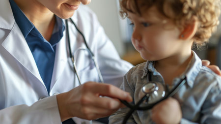 Female doctor examining little boy with stethoscope. Little patient at physician appointment. Medicine and healthcare conceptの素材