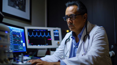 Portrait of Asian male doctor sitting in front of computer monitor at nightの素材
