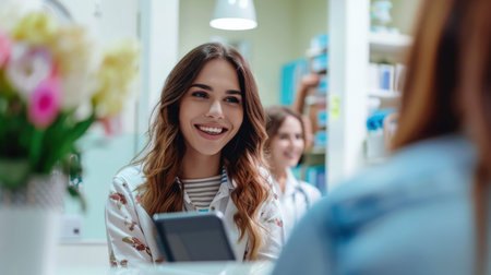 smiling young woman looking at camera and using smartphone in beauty salonの素材