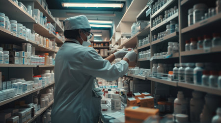 Side view of a female pharmacist in a white coat and mask working in a drugstoreの素材