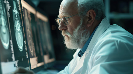 Senior male doctor looking at x-ray image in his office.の素材
