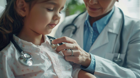 Doctor and patient. Little girl is being examine by doctor with stethoscope.の素材