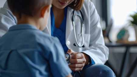 Female doctor using stethoscope to listen to little boy patient.の素材