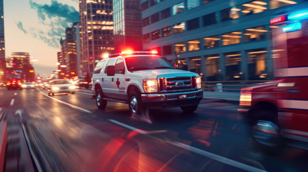 Ambulance car on the road with motion blur and urban background.の素材