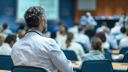 Business and entrepreneurship symposium. Speaker giving a talk at business meeting. Audience in conference hall. Rear view of unrecognized participant in audience.の素材