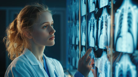 Attractive female doctor looking at x-ray image of lungs.の素材