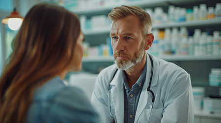 Serious male pharmacist looking at female patient while standing in pharmacyの素材