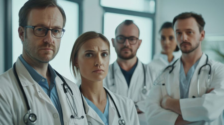 Portrait of serious doctors with stethoscopes looking at cameraの素材