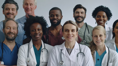 Group of diverse doctors and nurses standing together in front of a white backgroundの素材
