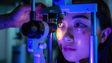 Optometrist examining eyesight of young woman patient in medical clinic.の素材