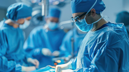 Spinal surgery. Group of surgeons in operating room with surgery equipment.の素材