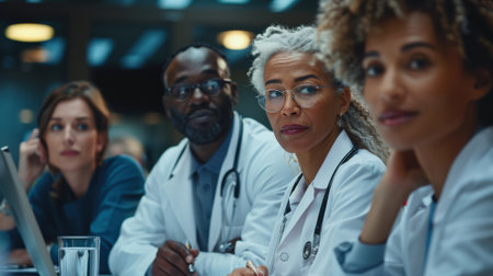 Portrait of African American female doctor looking at camera with other doctors in background.の素材