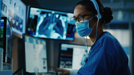 Side view of female doctor using headset and computer while working in clinicの素材