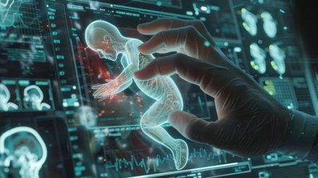 Close up view of doctor hand touching x-ray human body 3D renderingの素材