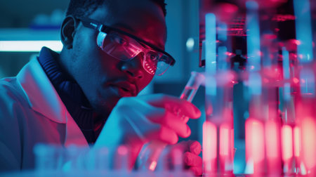 African-american scientist working in laboratory. He is using a microscope and carrying out scientific research.の素材
