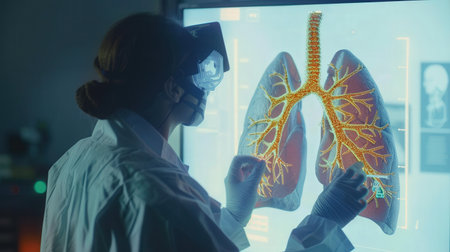 Doctor looking at an x-ray image of lungs in a hospitalの素材