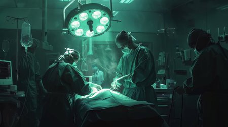 veterinarian surgery in operation room take with art lighting and blue filterの素材