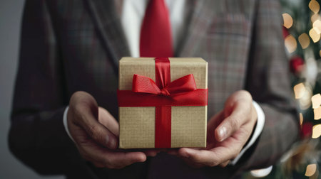 Closeup of man's hands holding a gift box with red ribbonの素材
