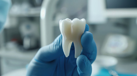 Dentist holding tooth model in dental office. Dentistry conceptの素材