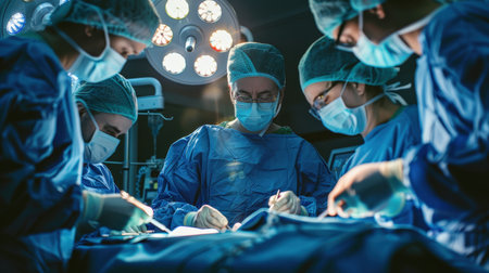 group of veterinarian surgery in operation room take with art lighting and blue filterの素材