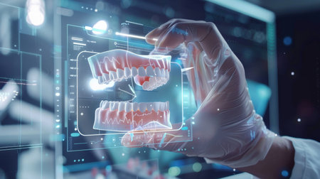Dentist hand holding jaw model on virtual screen 3D renderingの素材
